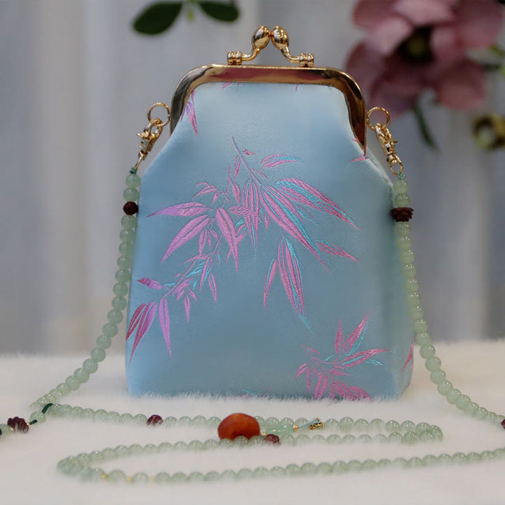 Buddha Stones Retro Chinese schoudertas met parelketting en Schoudertas (crossbody) - Lichtblauwe bamboebladeren 14*6*18 cm - image 9