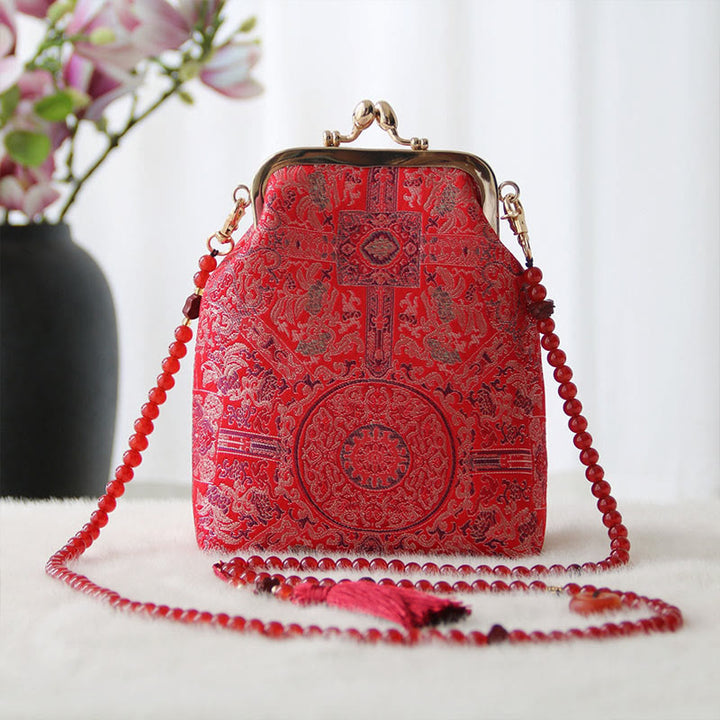 Buddha Stones Retro Chinese schoudertas met parelketting en Schoudertas (crossbody) - Geborduurd rood bloemetje 14*6*18 cm - image 10