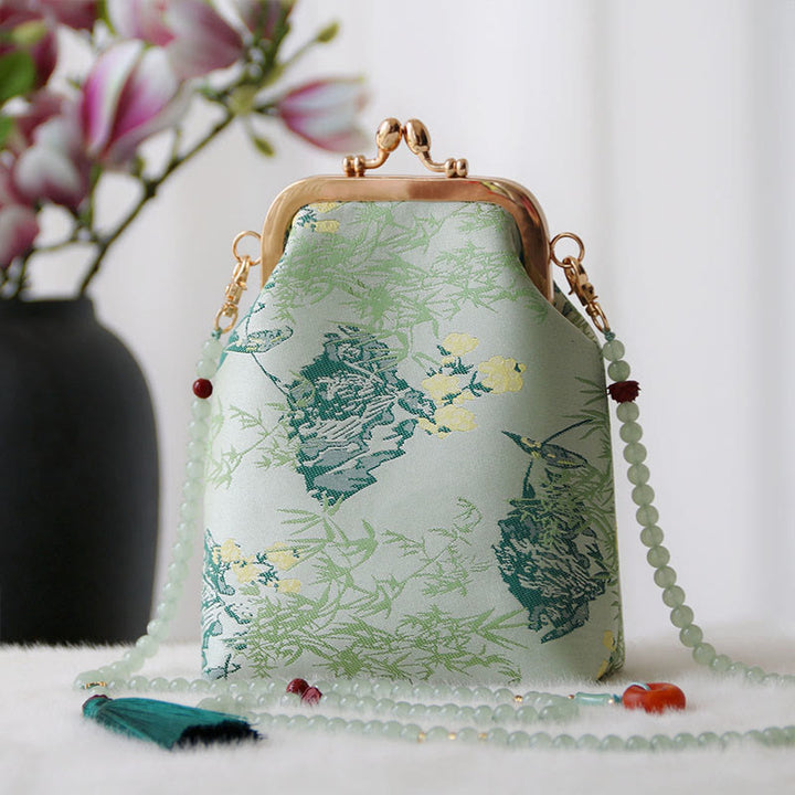 Buddha Stones Retro Chinese schoudertas met parelketting en Schoudertas (crossbody) - Aquamarijnkleurige bladeren 14*6*18 cm - image 16