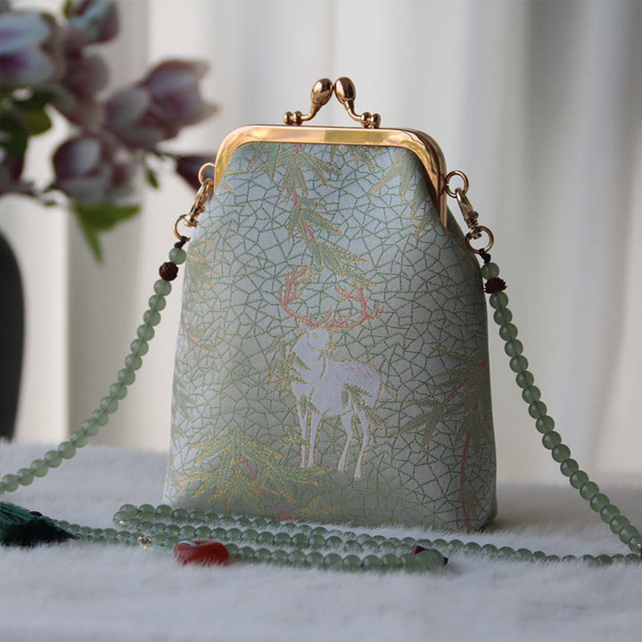 Buddha Stones Retro Chinese schoudertas met parelketting en Schoudertas (crossbody) - Donkerzeegroen hert 14*6*18cm - image 21