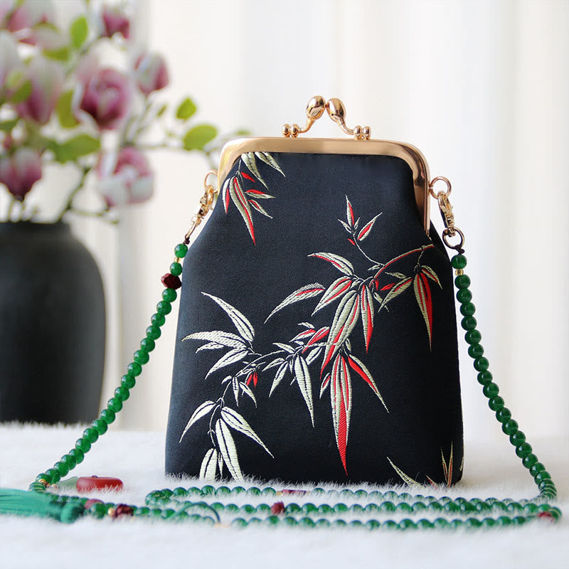 Buddha Stones Retro Chinese schoudertas met parelketting en Schoudertas (crossbody) - Zwarte bamboebladeren 14*6*18cm - image 23