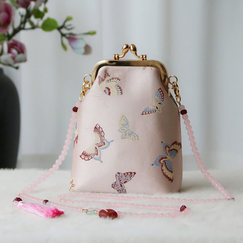 Buddha Stones Retro Chinese schoudertas met parelketting en Schoudertas (crossbody) - Roze vlinder 14*6*18cm - image 29