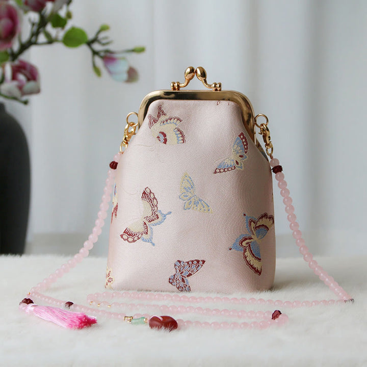 Buddha Stones Retro Chinese schoudertas met parelketting en Schoudertas (crossbody) - Roze vlinder 14*6*18cm - image 29