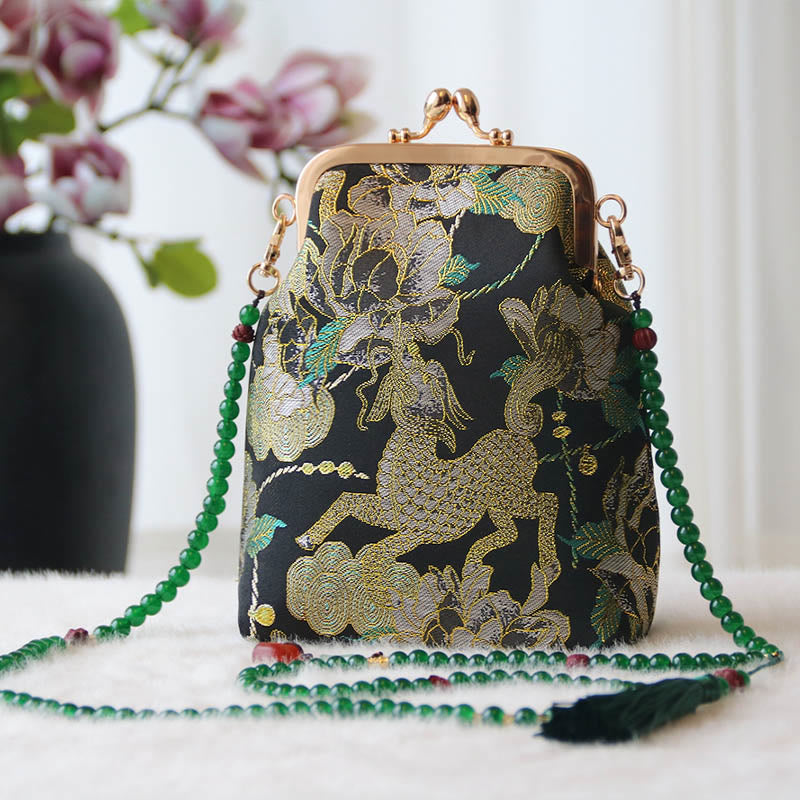 Buddha Stones Retro Chinese schoudertas met parelketting en Schoudertas (crossbody) - Zwarte Kirin pioenroos 14*6*18cm - image 34