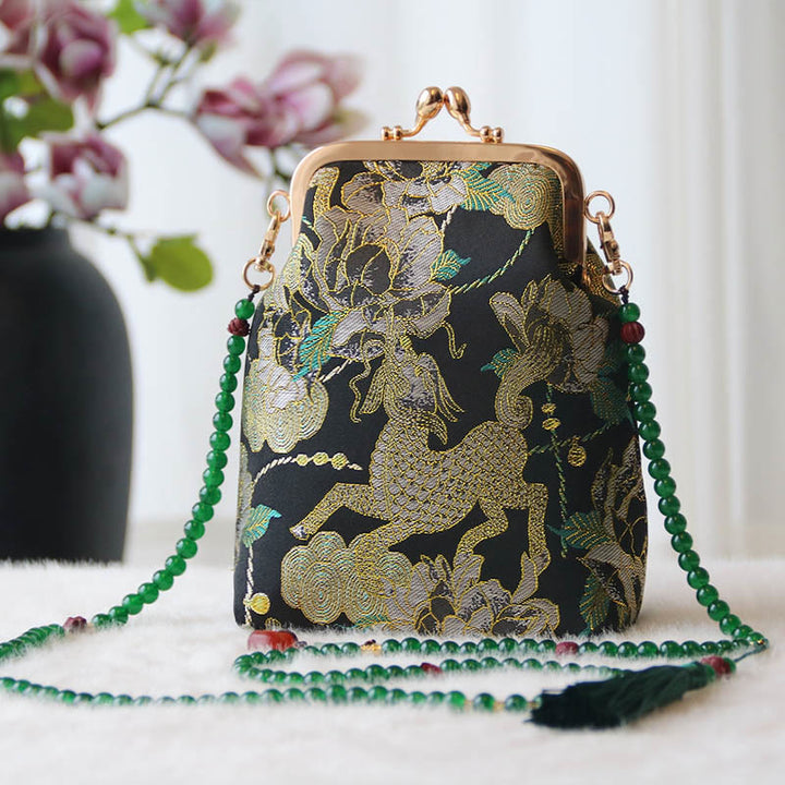 Buddha Stones Retro Chinese schoudertas met parelketting en Schoudertas (crossbody) - Zwarte Kirin pioenroos 14*6*18cm - image 34