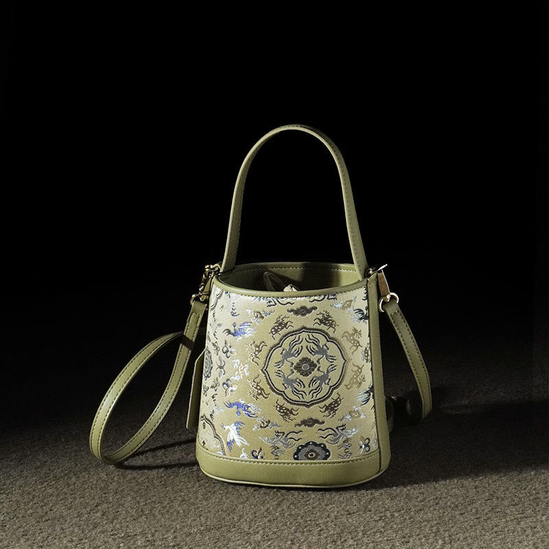 Buddha Stones Retro Crane Deer Song Brocade Schoudertas (crossbody) Handtassen - Geelgroene kraanvogelhert 15*10*16cm - image 0