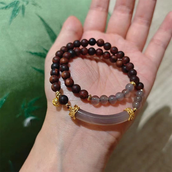 Buddha Stones Sandelhoutkleurige agaat Bangle-armband Mouwboord - Dubbele armband van grijze agaat en sandelhout (Polsomtrek: 14-16 cm) - image 23