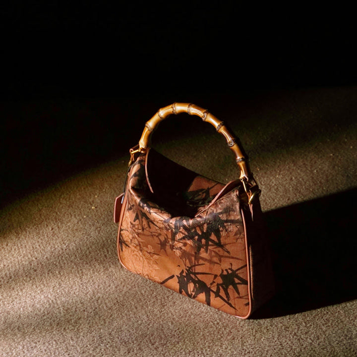 Buddha Stones Luxe Schoudertas (crossbody) van Xiangyunsha-zijde met bamboe handvat - Gouden bamboe 25*20*7 cm - image 10
