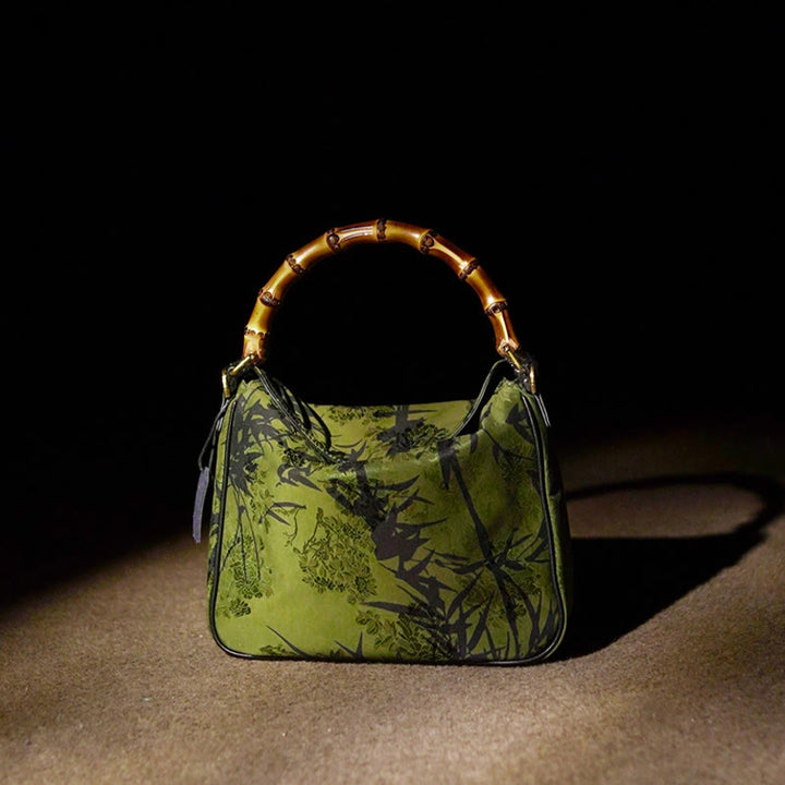 Buddha Stones Luxe Schoudertas (crossbody) van Xiangyunsha-zijde met bamboe handvat - Groene bamboe 25*20*7 cm - image 0