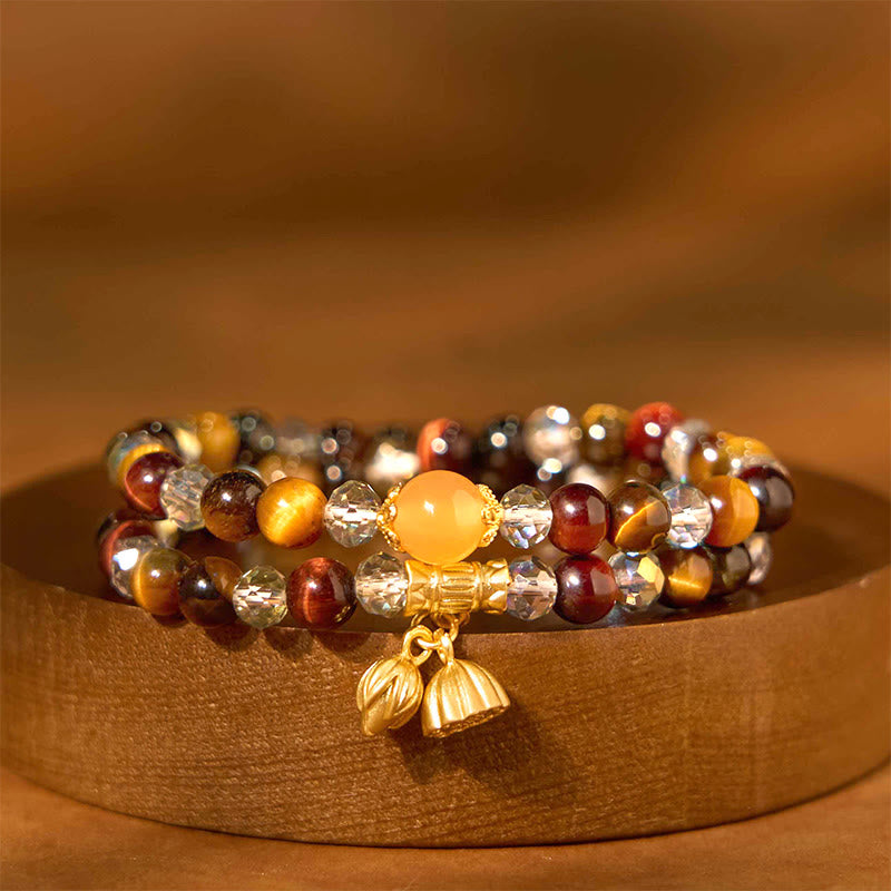 Buddha Stones Kleurrijke tijgeroog lotus elastische Armband met meerdere cirkels - Tijgeroog (Polsomtrek: 15-18 cm) - image 0