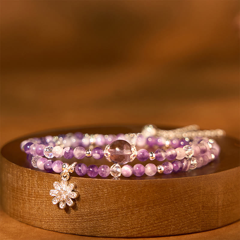 Buddha Stones Amethist kristallen zonnebloem spiritueel bewustzijn dubbele Armband - Amethist (Polsomtrek: 14-16 cm) - image 0