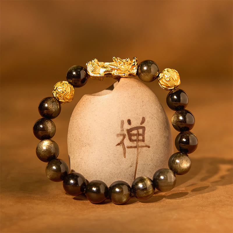 Buddha Stones Armband van obsidiaan met natuurlijke gouden glans , PiXiu Om Mani Padme Hum - image 1