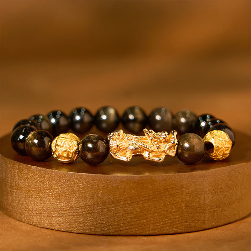 Buddha Stones Armband van obsidiaan met natuurlijke gouden glans , PiXiu Om Mani Padme Hum - 10mm(Polsomtrek 14-16 cm) - image 0