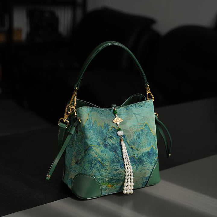 Buddha Stones Handgemaakte Schoudertas (crossbody), versierd met rivier- en bergkralen. - MediumSeaGreen Mountain River 21*18*12cm - image 0