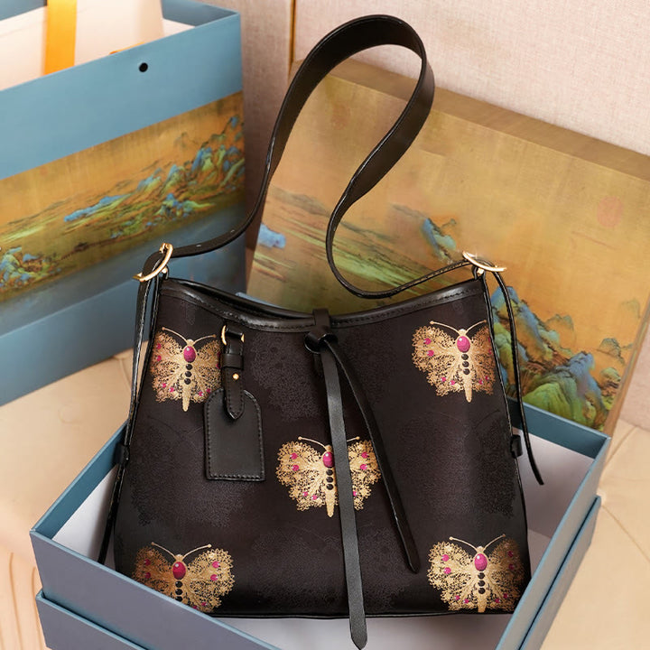 Buddha Stones Handgemaakte Schoudertas (crossbody) . - Zwarte vlinder 29*23*12 cm - image 5