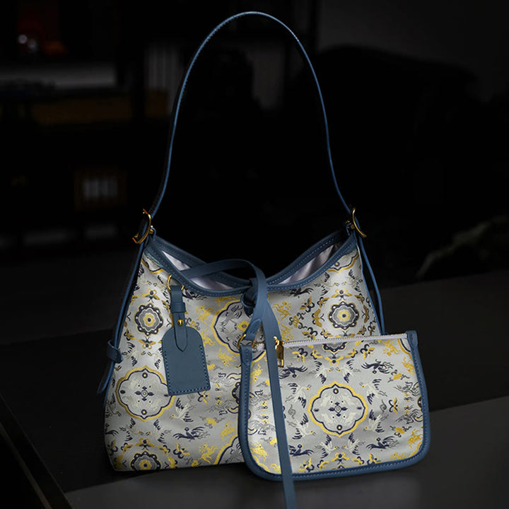 Buddha Stones Handgemaakte Schoudertas (crossbody) . - Staalblauwe kraanvogelhert 29*23*12cm - image 6