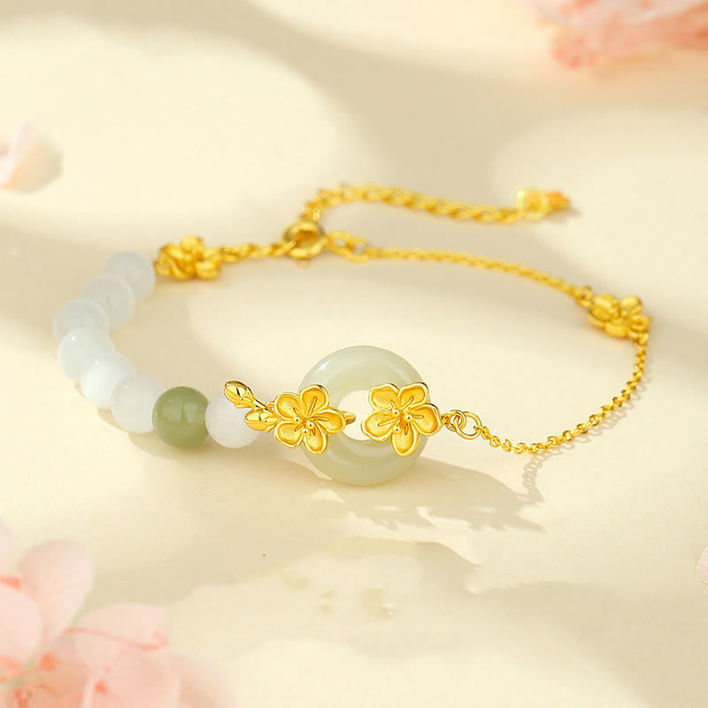 Buddha Stones Armband van chrysoberyl Hetian jade en 999 sterling zilver - Chrysoberyl Hetian Jade Goudkleurig 999 Sterling Zilver (Polsomtrek: 14-19 cm) - image 0