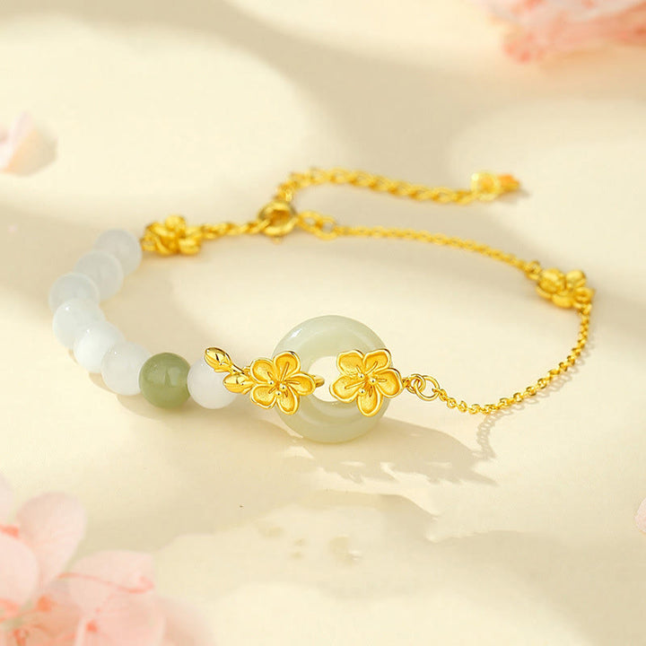 Buddha Stones Armband van chrysoberyl Hetian jade en 999 sterling zilver - Chrysoberyl Hetian Jade Goudkleurig 999 Sterling Zilver (Polsomtrek: 14-19 cm) - image 0
