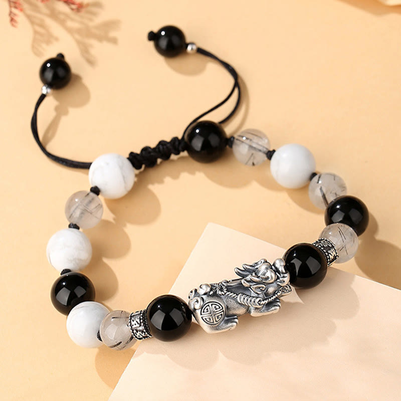 Buddha Stones Pi Xiu Zes Ware Woorden 999 Sterling Zilver Zwarte Obsidiaan Witte Turkoois Chrysoberyl Armband - image 1