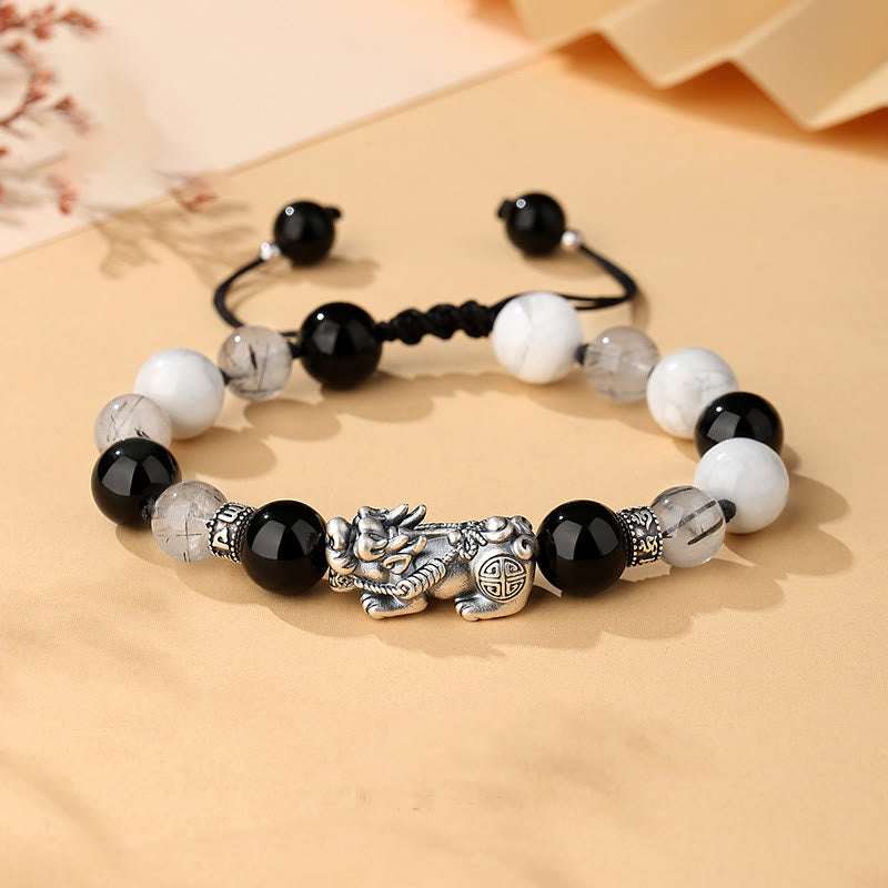 Buddha Stones Pi Xiu Zes Ware Woorden 999 Sterling Zilver Zwarte Obsidiaan Witte Turkoois Chrysoberyl Armband - 999 Sterling Zilver Zwarte Obsidiaan Witte Turkoois Zwarte Rutielkwarts (Polsomtrek: 20-25 cm) - image 0