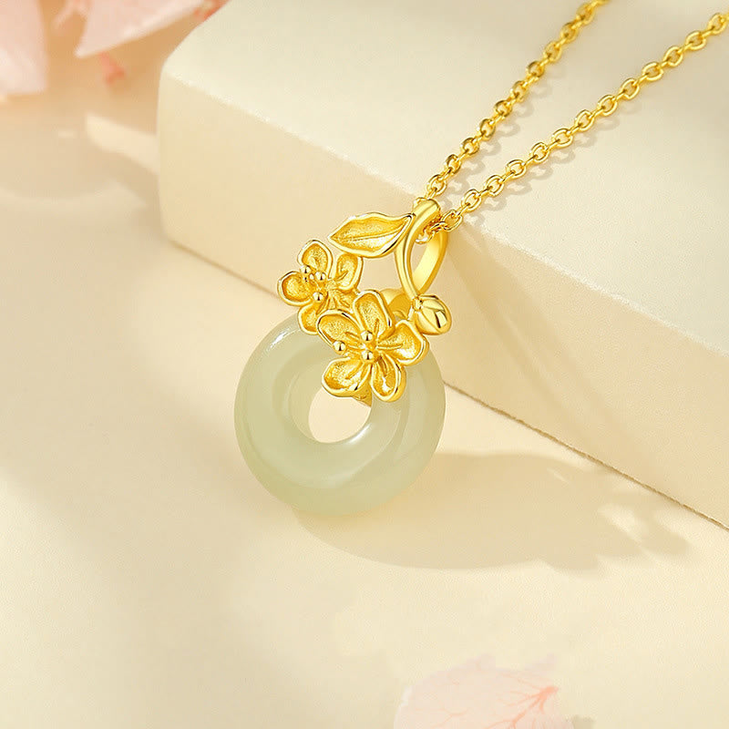 Buddha Stones Hetian Jade 999 Sterling Zilveren Vredesgesp Perzikbloesem Ketting - image 1