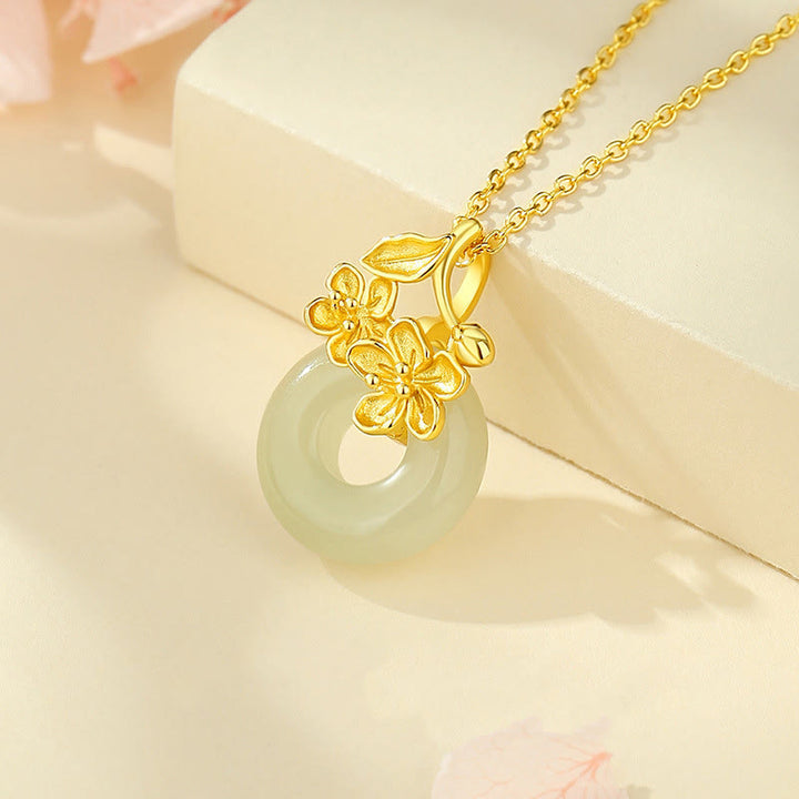 Buddha Stones Hetian Jade 999 Sterling Zilveren Vredesgesp Perzikbloesem Ketting - image 1