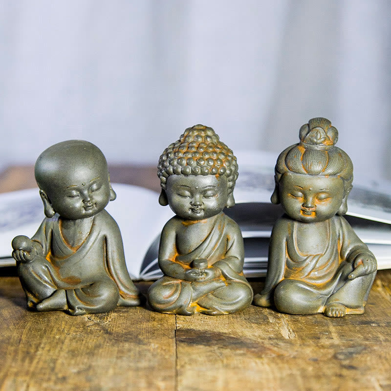 Buddha Stones Handgemaakte Ksitigarbha Kwan Yin Guanyin Avalokitesvara Tathagata Ijzerpoeder Roest Gegoten Hars Standbeeld Woondecoratie - Rust-versie - 3-delige Boeddha-set - image 0