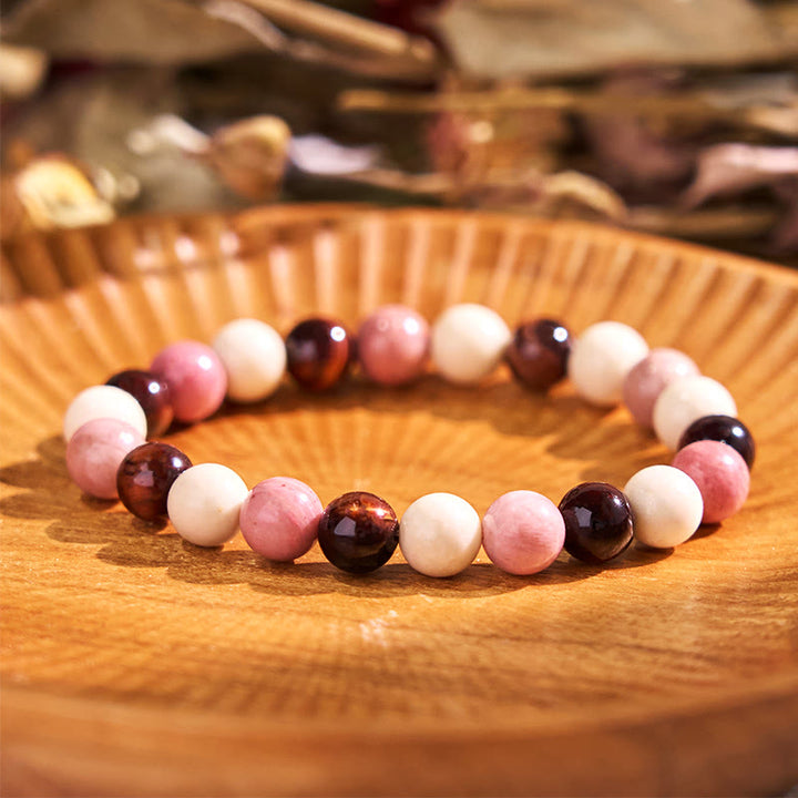 Buddha Stones Diverse Armband met tijgeroogmotief voor zelfvertrouwen - Rode tijgeroogsteen met witte rhodoniet (Polsomtrek: 14-16 cm) - 12mm - image 120