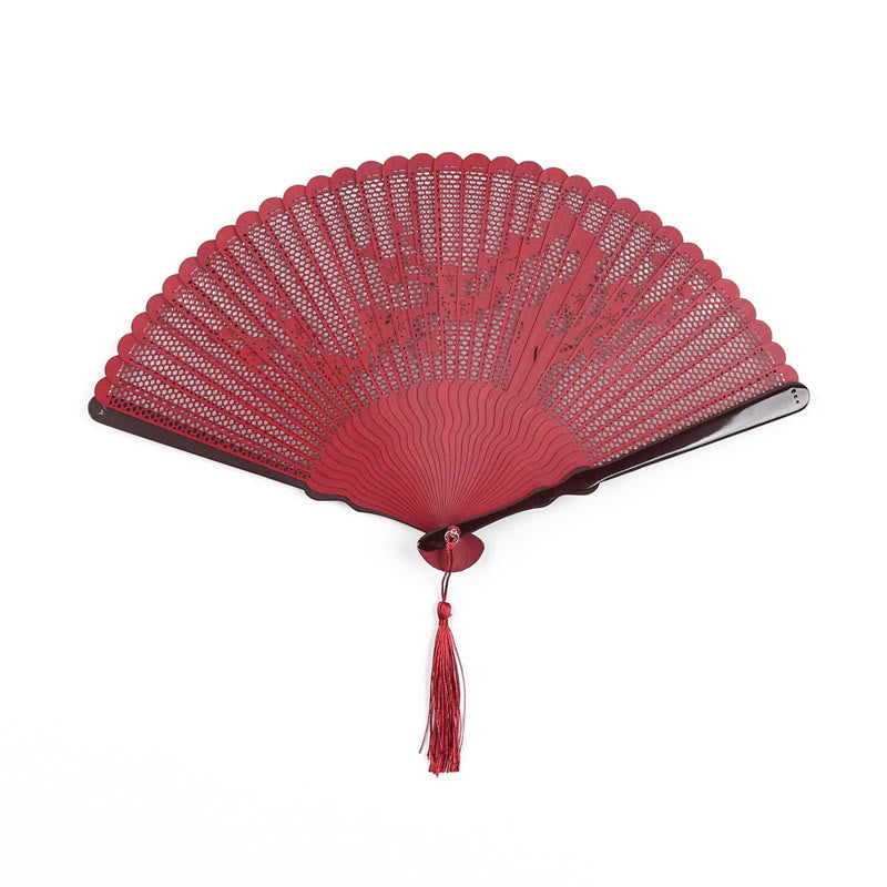 Buddha Stones Retro bamboe Waaier met holle gravure - Rode bloemen 20 cm - image 6