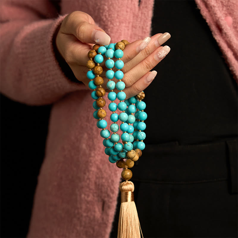 Buddha Stones 108 Mala kralen, turquoise, picture jaspis kralen, kwastje, Armband - image 3