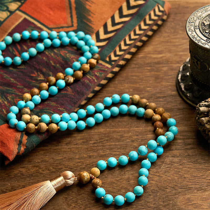 Buddha Stones 108 Mala kralen, turquoise, picture jaspis kralen, kwastje, Armband - image 4
