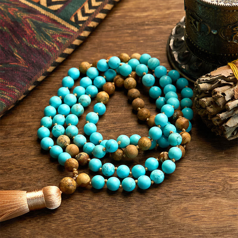 Buddha Stones 108 Mala kralen, turquoise, picture jaspis kralen, kwastje, Armband - Turkooizen Picture Jaspis kraal (totale Lengte: 90 cm) - image 0