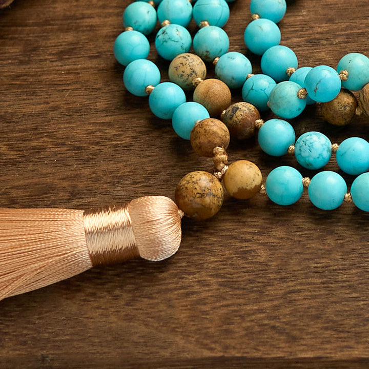 Buddha Stones 108 Mala kralen, turquoise, picture jaspis kralen, kwastje, Armband - image 6