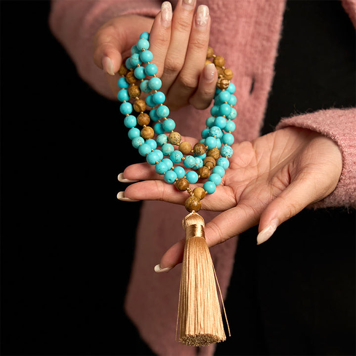 Buddha Stones 108 Mala kralen, turquoise, picture jaspis kralen, kwastje, Armband - image 2