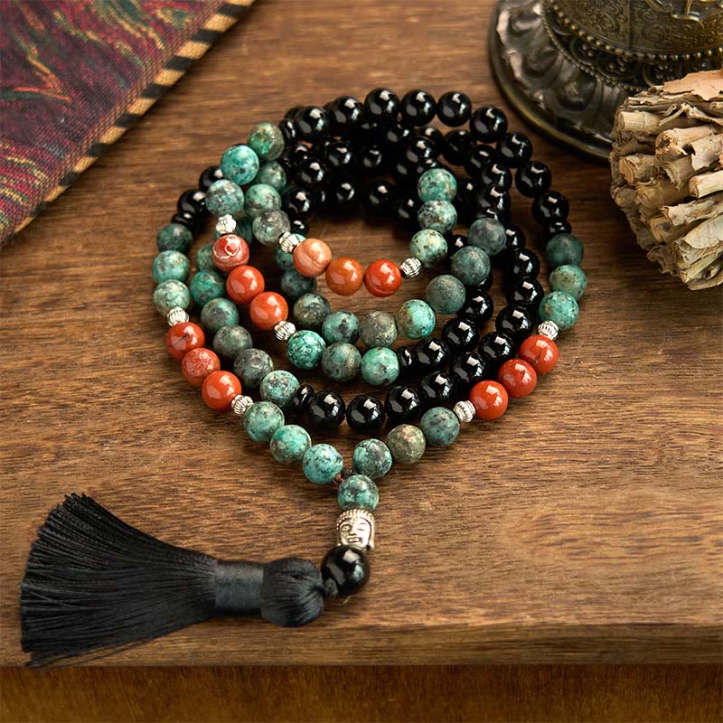 Buddha Stones 108 Mala Natuurlijke Zwarte Onyx Rode Jaspis Turkoois Kralen Boeddha Hoofd Kwastje Armband - 8mm zwarte onyx rode jaspis turkoois kraal - image 0