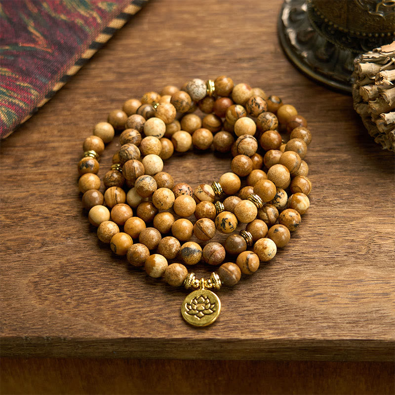 Buddha Stones Mala met 108 kralen, afbeelding van jaspis , lotus en moed . - 8mm Picture Jasper  - image 0