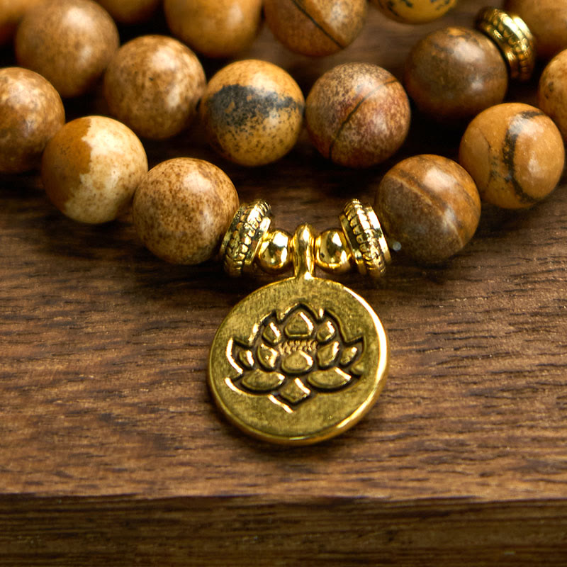 Buddha Stones Mala met 108 kralen, afbeelding van jaspis , lotus en moed . - image 6
