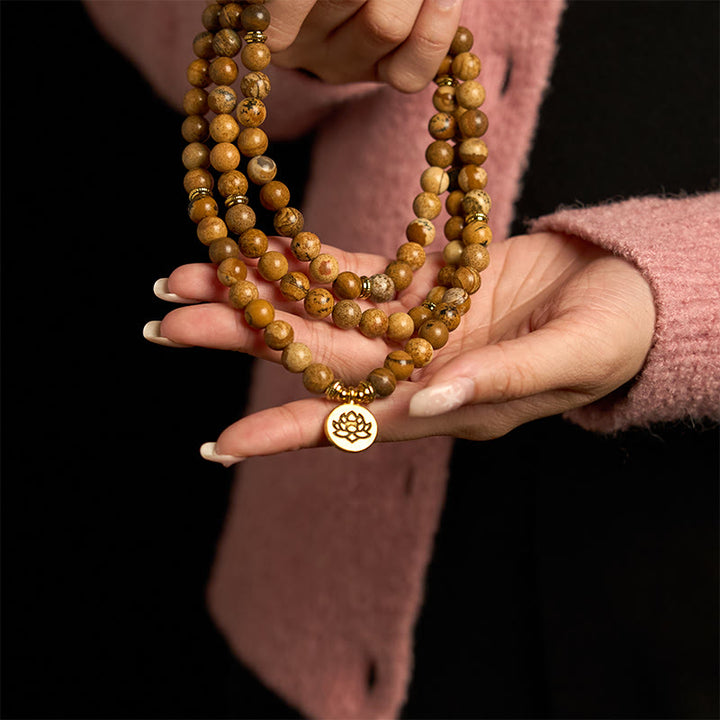 Buddha Stones Mala met 108 kralen, afbeelding van jaspis , lotus en moed . - image 4
