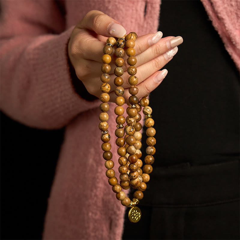 Buddha Stones Mala met 108 kralen, afbeelding van jaspis , lotus en moed . - image 3