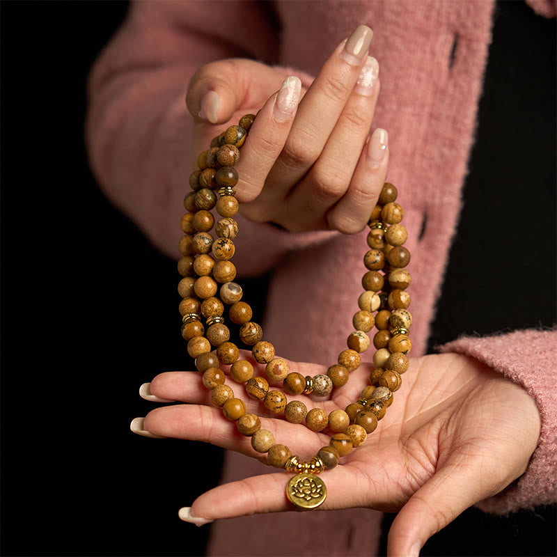 Buddha Stones Mala met 108 kralen, afbeelding van jaspis , lotus en moed . - image 2