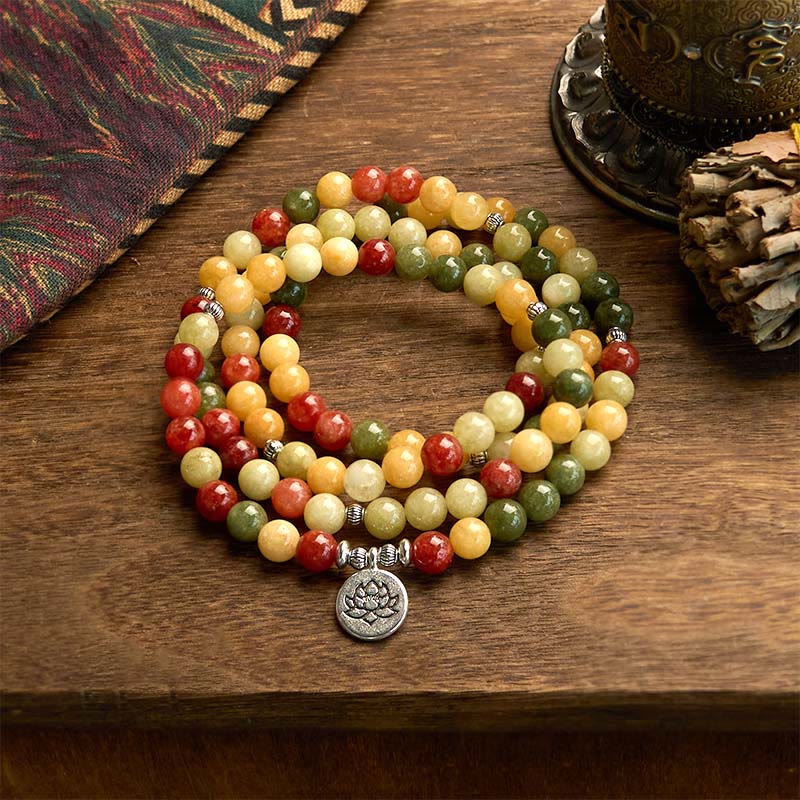 Buddha Stones 108 Mala kralen van natuurlijke gekleurde stenen: topaas, rode jaspis, groene jaspis, Armband - Topaas, rode jaspis en groene jaspis (Polsomtrek: 14-16 cm) - image 0