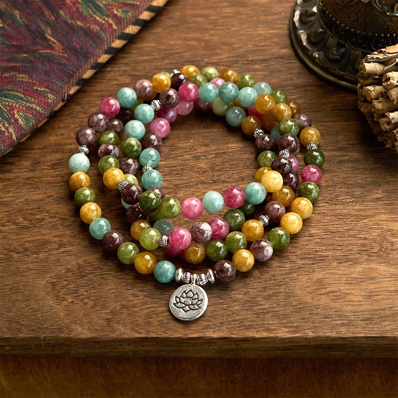 Buddha Stones 108 Mala kralen, meerlaagse Armband met natuurlijke toermalijn en lotusbloemmotief. - Toermalijn (Polsomtrek: 14-16 cm) - image 0