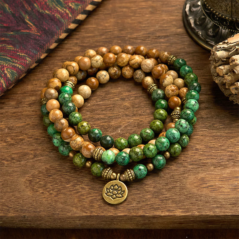 Buddha Stones 108 Mala kralen van natuursteen, Picture Jasper, Turkoois, Lotus, Positieve Armband - Afbeelding Jasper & Turquoise (Polsomtrek: 14-16 cm) - image 0