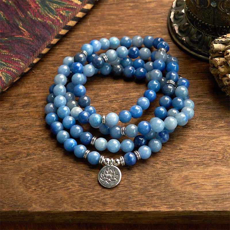 Buddha Stones 108 Mala kralen Meerlaagse natuurlijke blauwe aventurijn Lotus Calm Armband - Blauwe aventurijn (Polsomtrek: 14-16 cm) - image 0