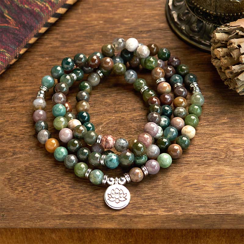 Buddha Stones 108 Mala kralen van natuursteen, Indiase agaat, lotus, rustgevende Armband - Indiase agaat (Polsomtrek: 14-16 cm) - image 0