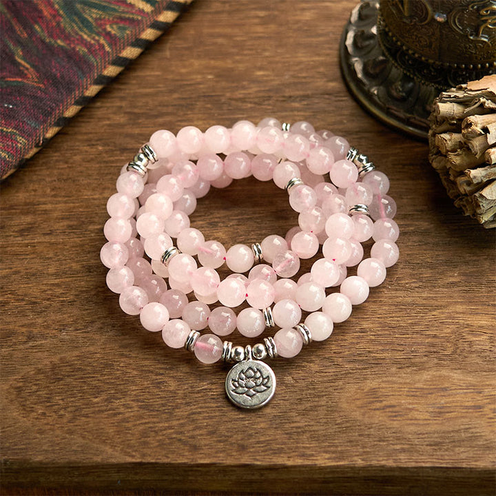 Buddha Stones 108 Mala kralen, natuursteen, rozenkwarts, lotus Armband - Rozenkwarts (Polsomtrek: 14-16 cm) - image 0