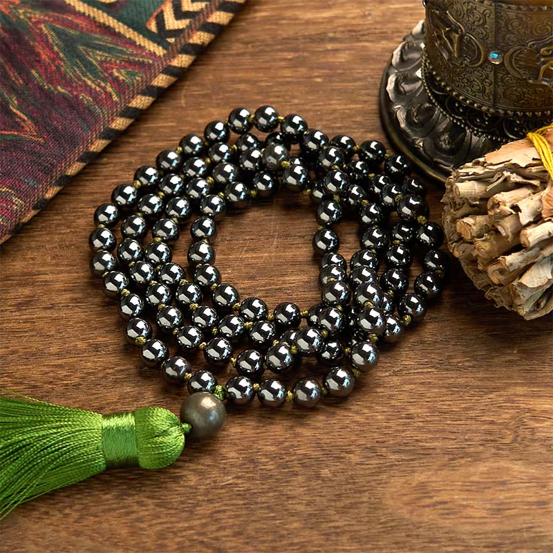 Buddha Stones 108 Mala kralen, natuursteen, hematiet, kwastje, krachtige Armband - Hematiet (Polsomtrek: 14-16 cm) - image 0