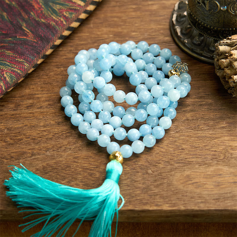Buddha Stones 108 Mala kralen, natuursteen, aquamarijn, kwastje, lotus, helende Armband - Aquamarijn (Polsomtrek: 14-16 cm) - image 0