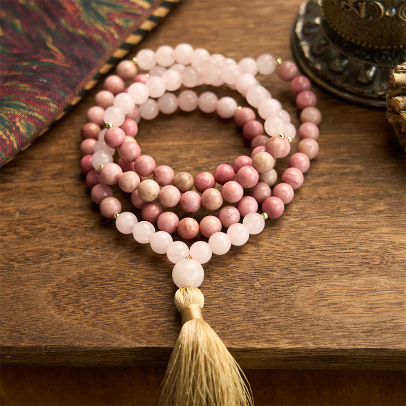 Buddha Stones 108 Mala kralen, rhodoniet, rozenkwarts, kwastje, helende Armband - Rhodoniet & Rozenkwarts (Polsomtrek: 14-16 cm) - image 0