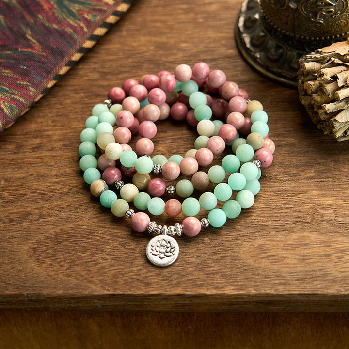 Buddha Stones 108 Mala kralen Rhodoniet Amazoniet Lotus Helende Armband - Rhodoniet &amp; Amazoniet (Polsomtrek: 14-16 cm) - image 0